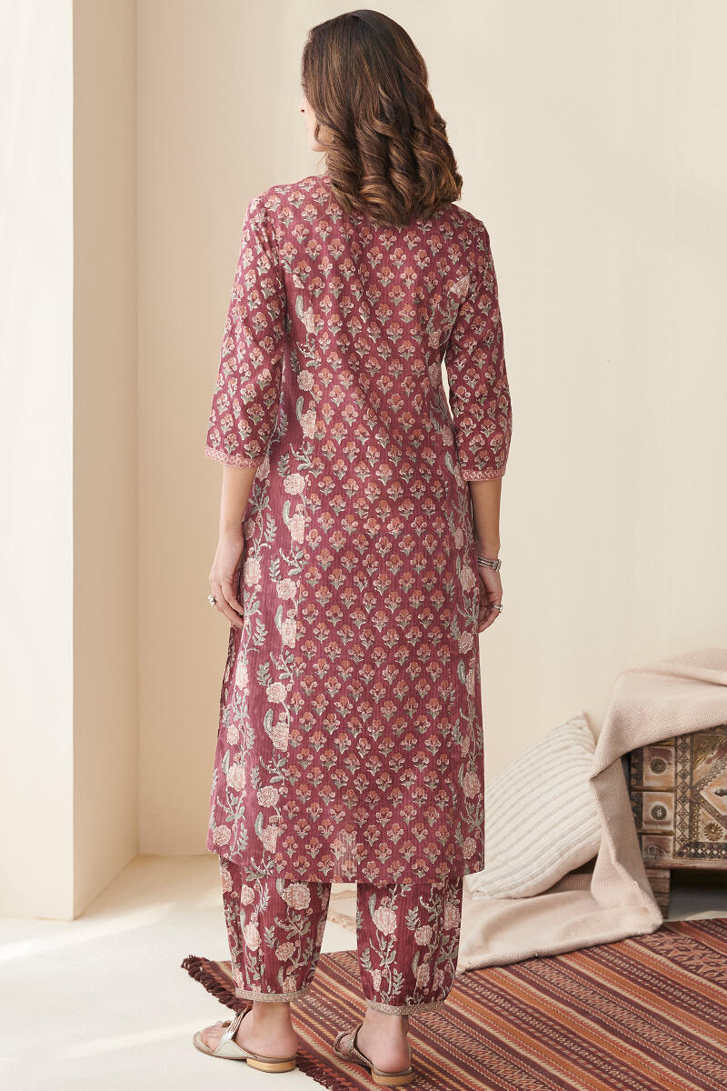 Maroon Hand Block Printed Straight Cotton Kurta