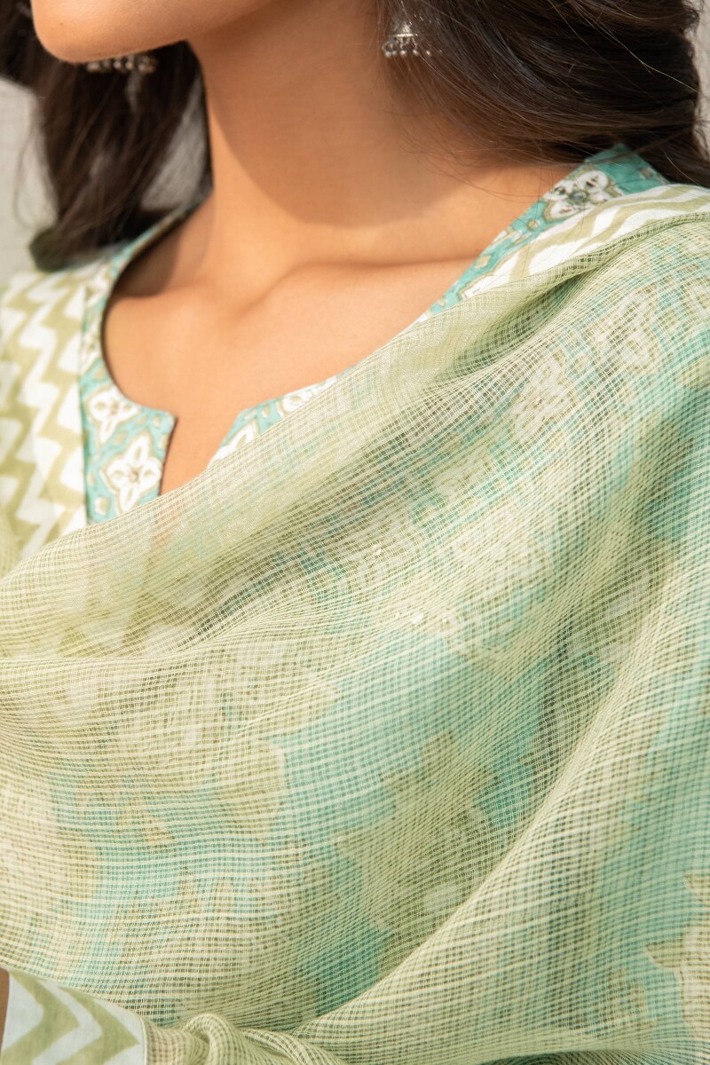 Green Hand Block Printed Kota Dupatta