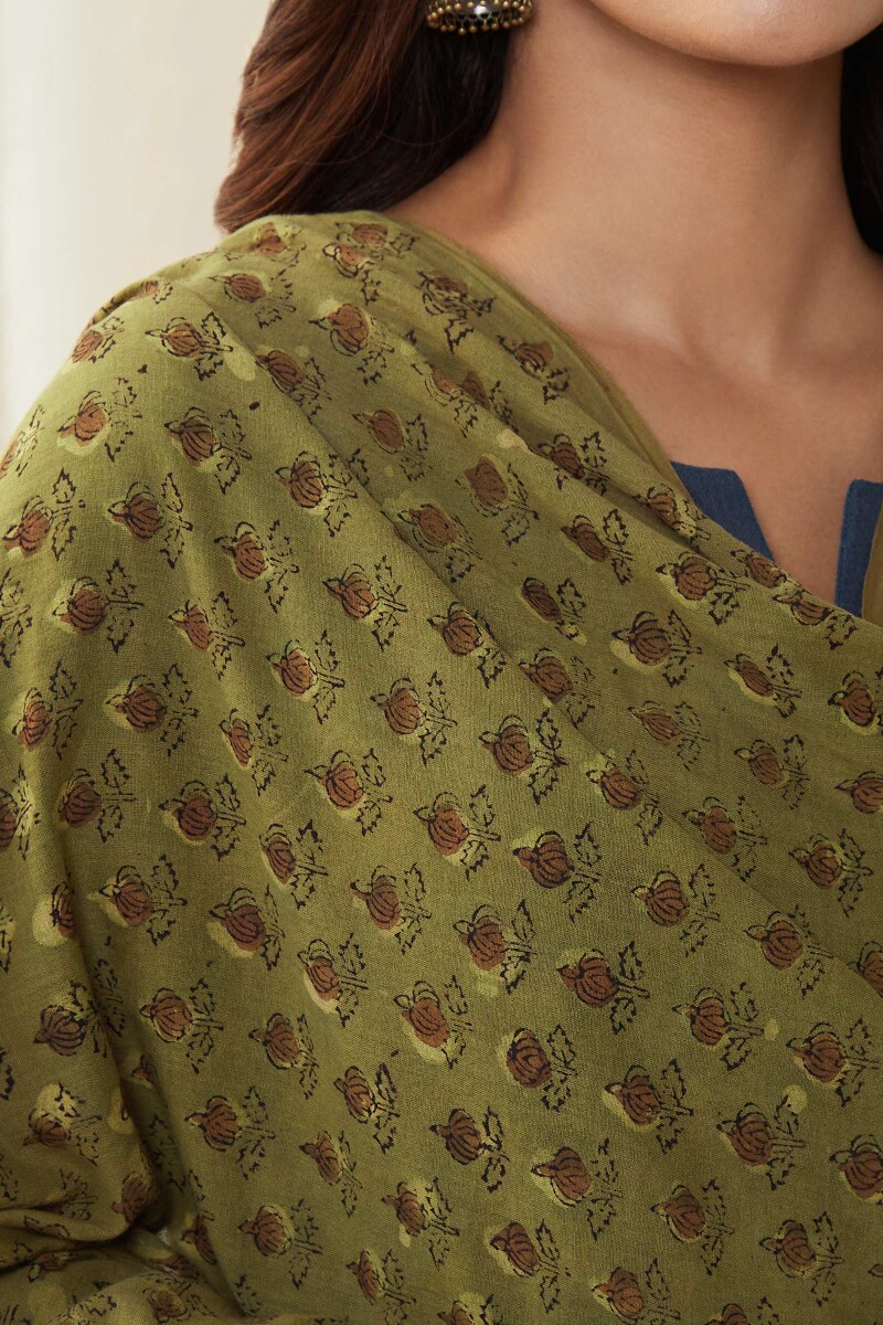 Green Hand Block Printed Cotton Dupatta