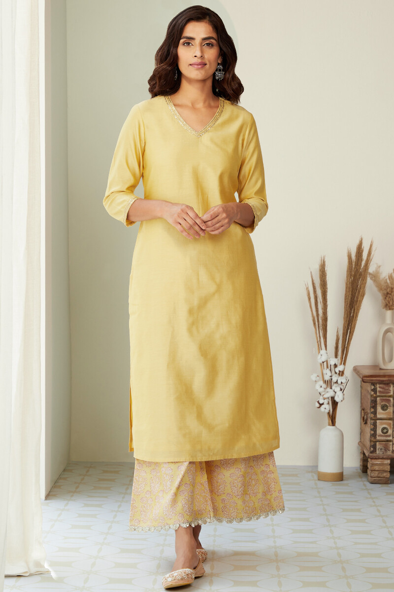 Yellow Handcrafted Straight Chanderi Kurta