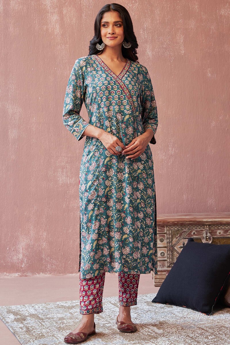 Teal Hand Block-Printed Straight Viscose Kurta