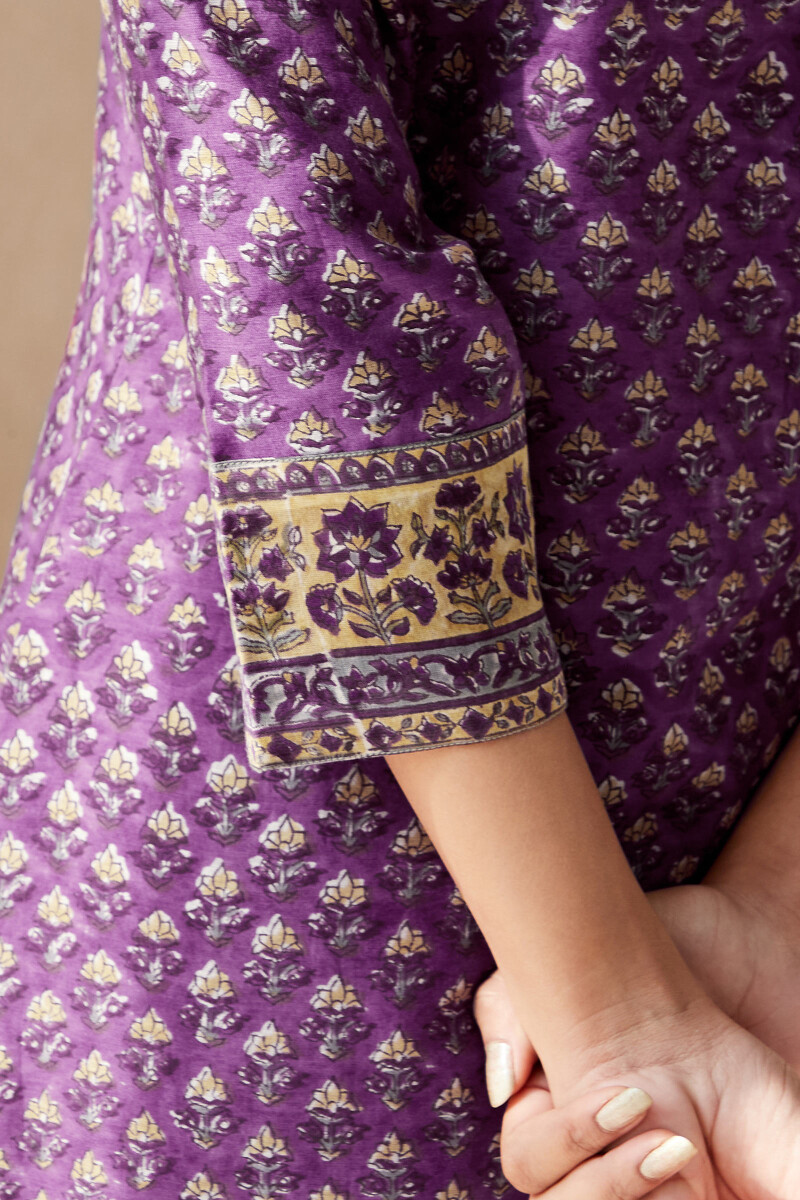 Purple Hand Block-Printed Straight Chanderi Kurta