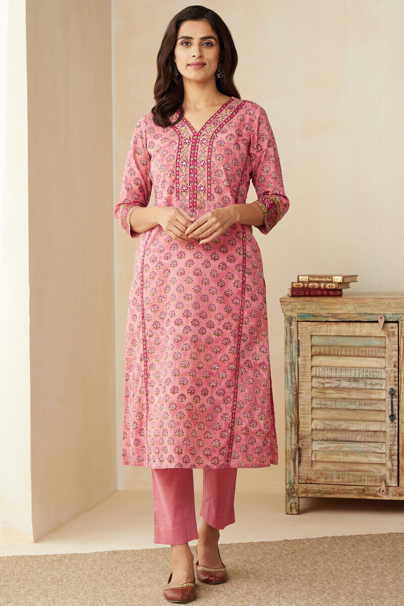 Pink Hand Block-Printed Straight Cotton Kurta