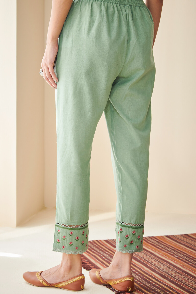 Green Handcrafted Cotton Narrow Pants