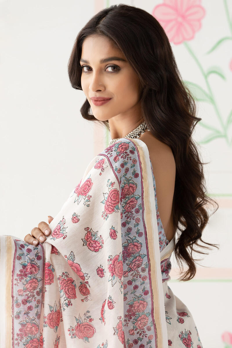 White Block Printed Chanderi Saree