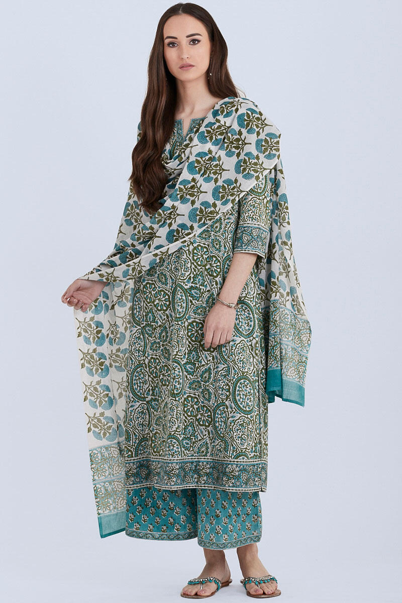 Green Block Printed Straight Cotton Kurta