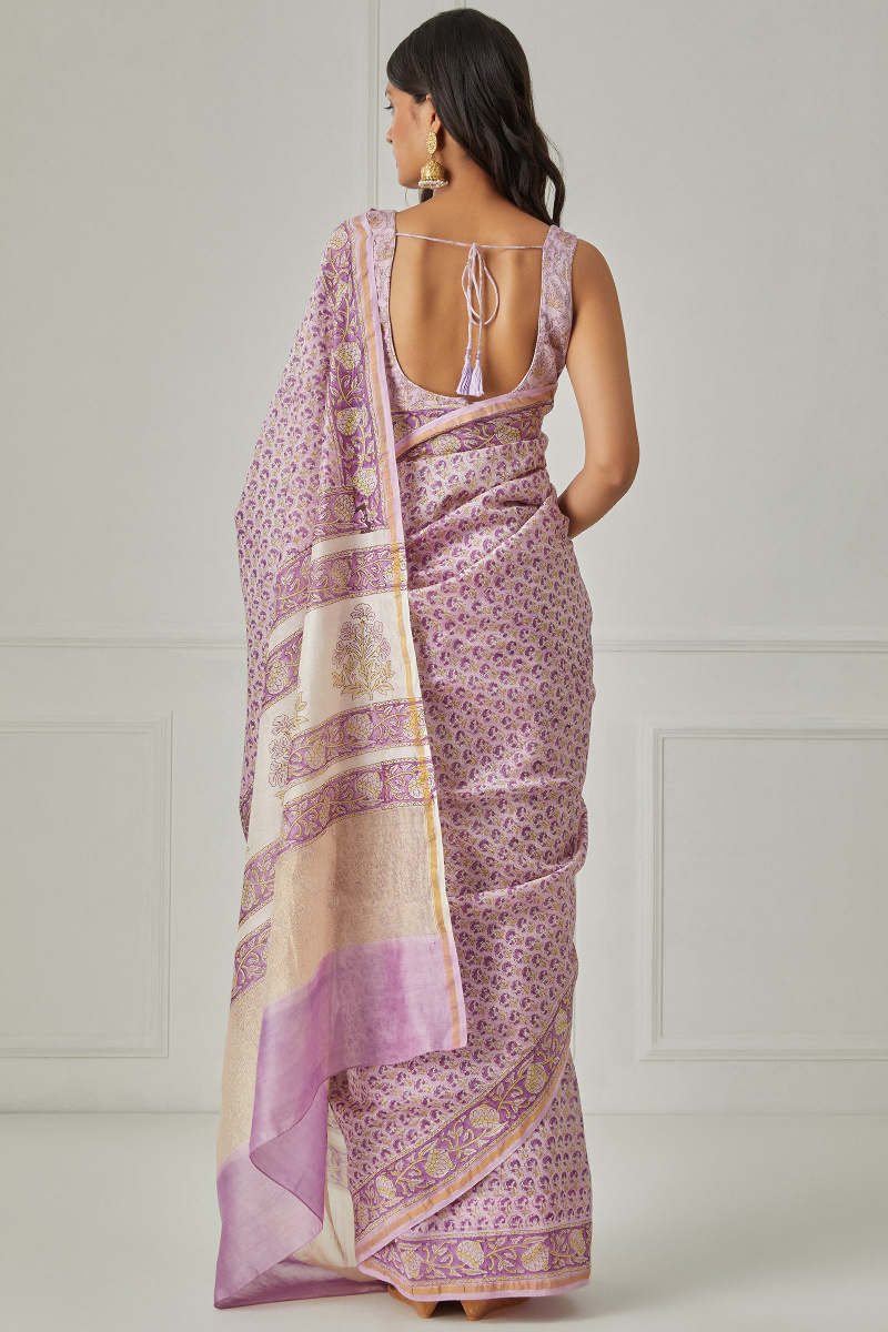 Pink Block Printed Chanderi Saree