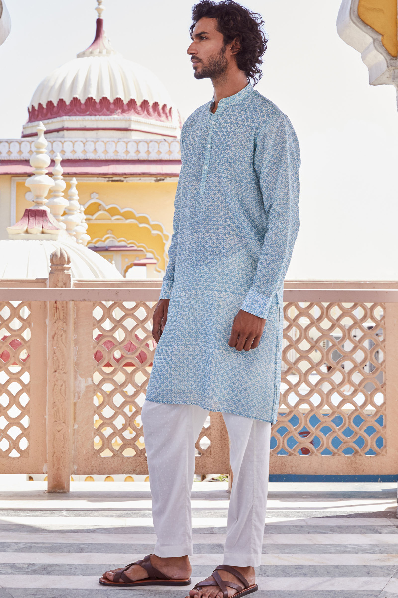 Blue Block Printed Chanderi Kurta