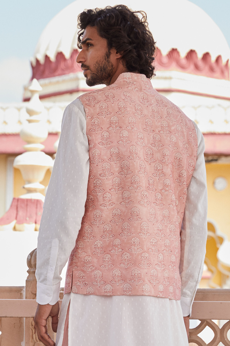 Pink Block Printed Chanderi Nehru Jacket