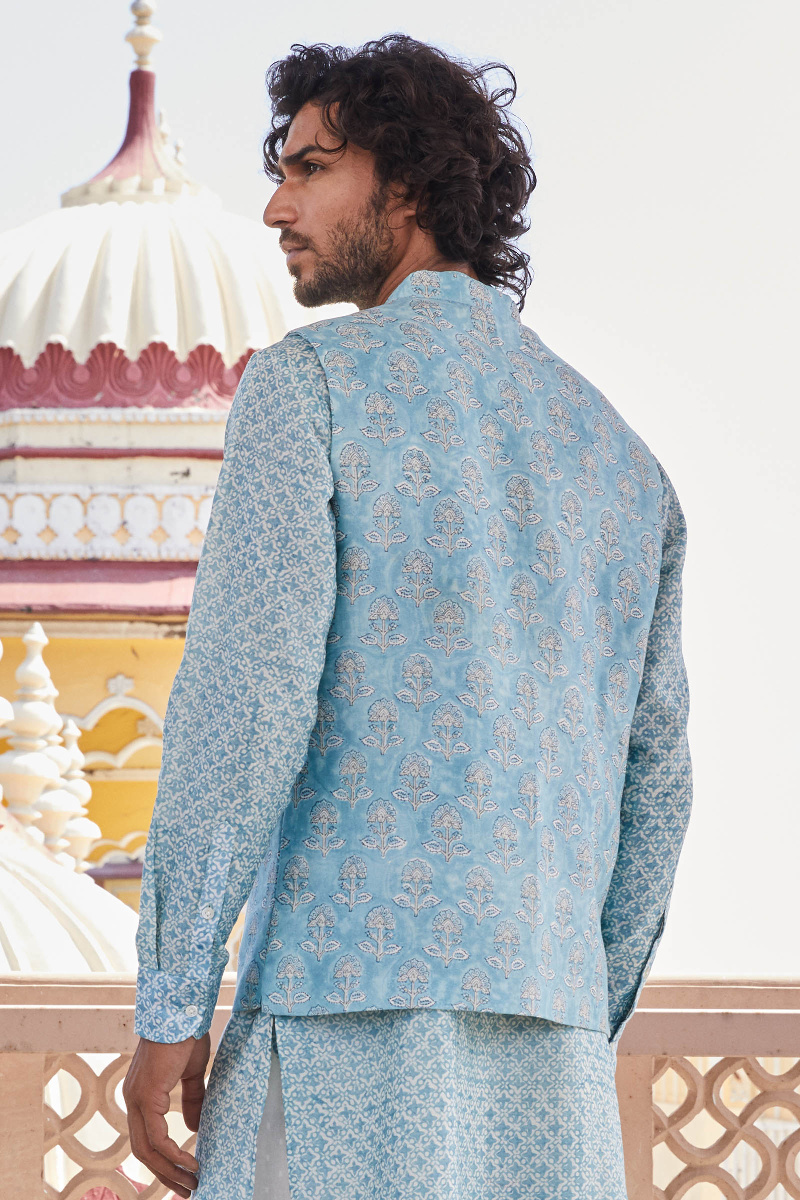 Blue Block Printed Chanderi Nehru Jacket