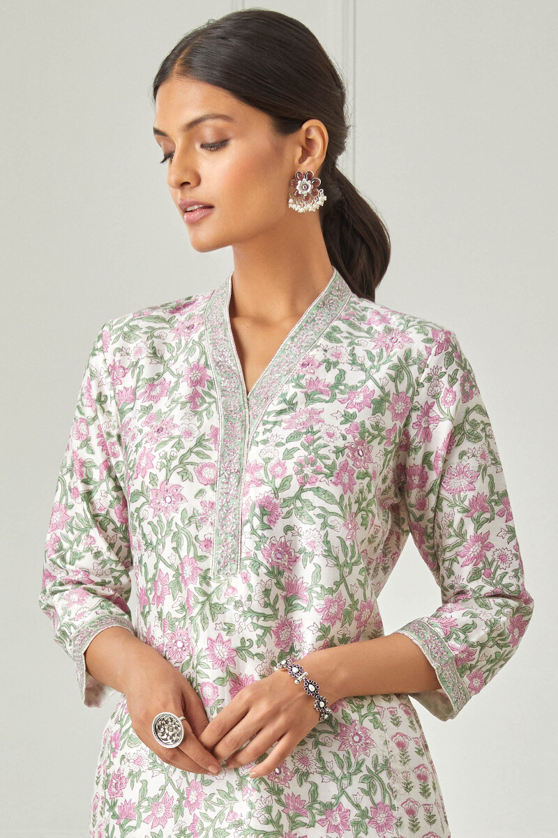 Off-White Block Printed Straight Chanderi Kurta
