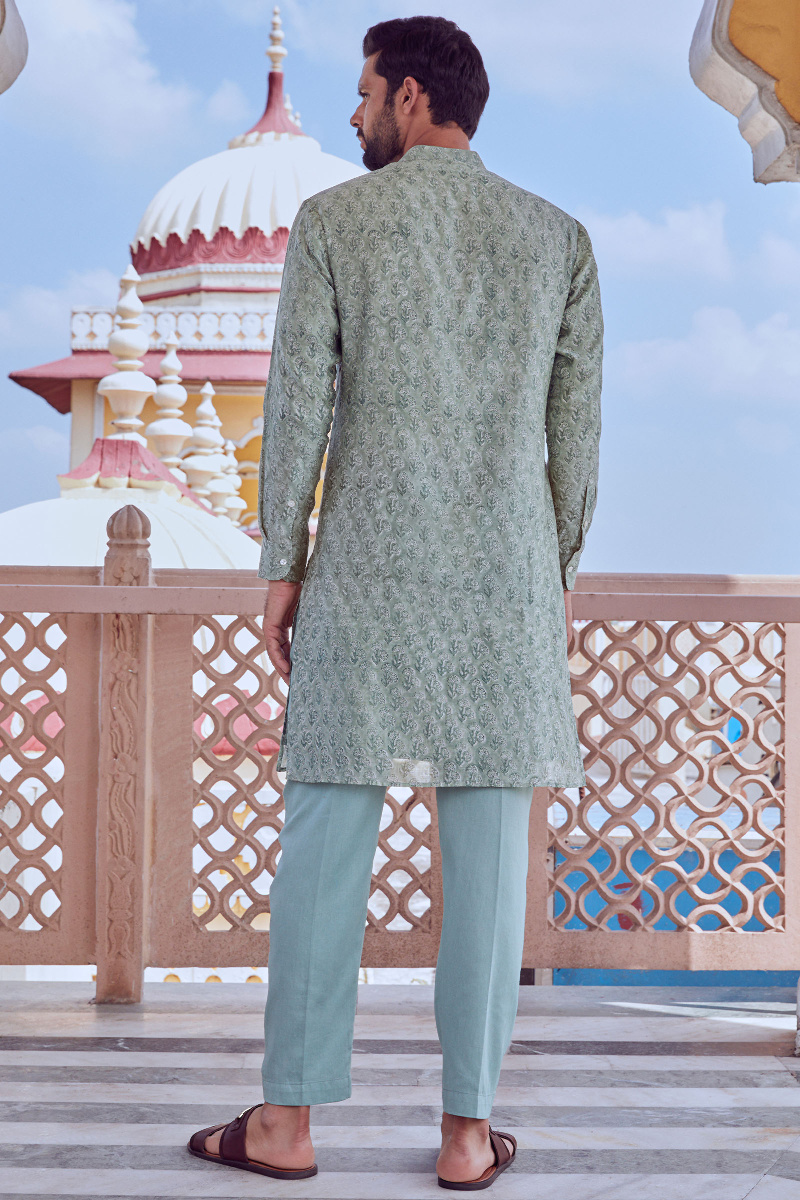 Green Block Printed Chanderi Kurta