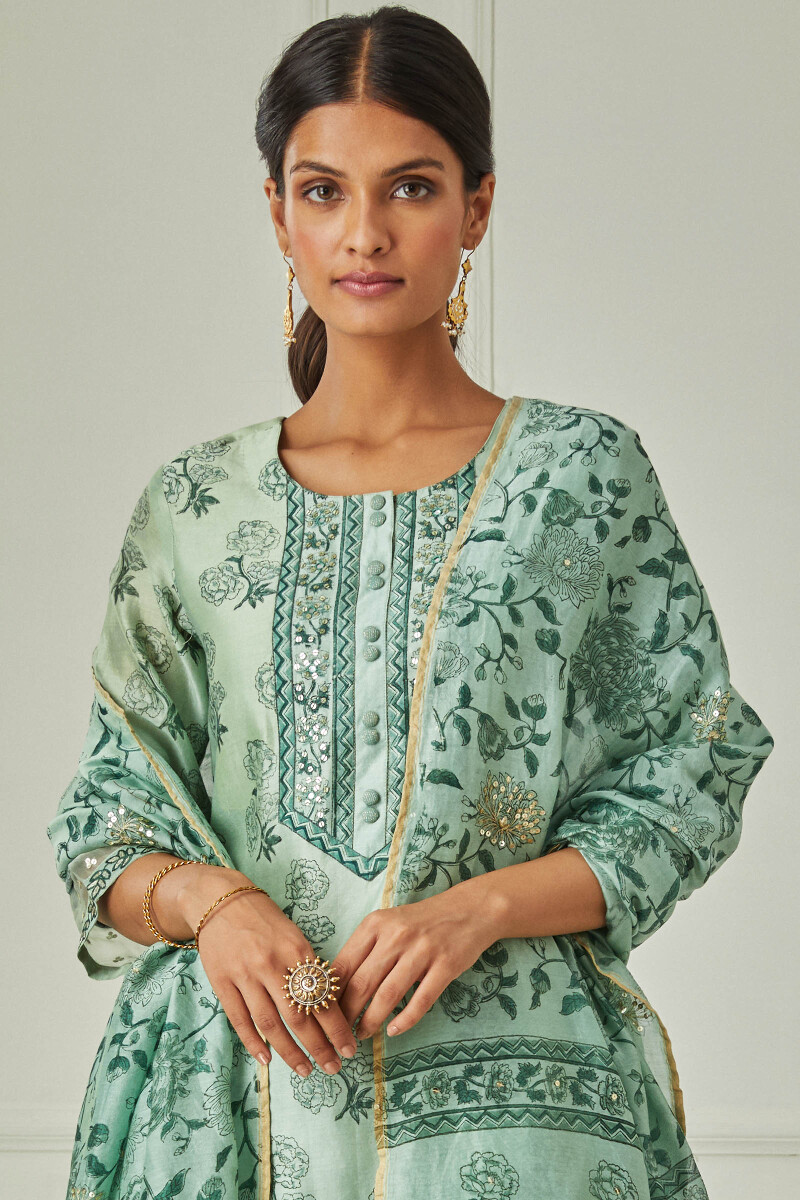 Green Block Printed Chanderi Dupatta