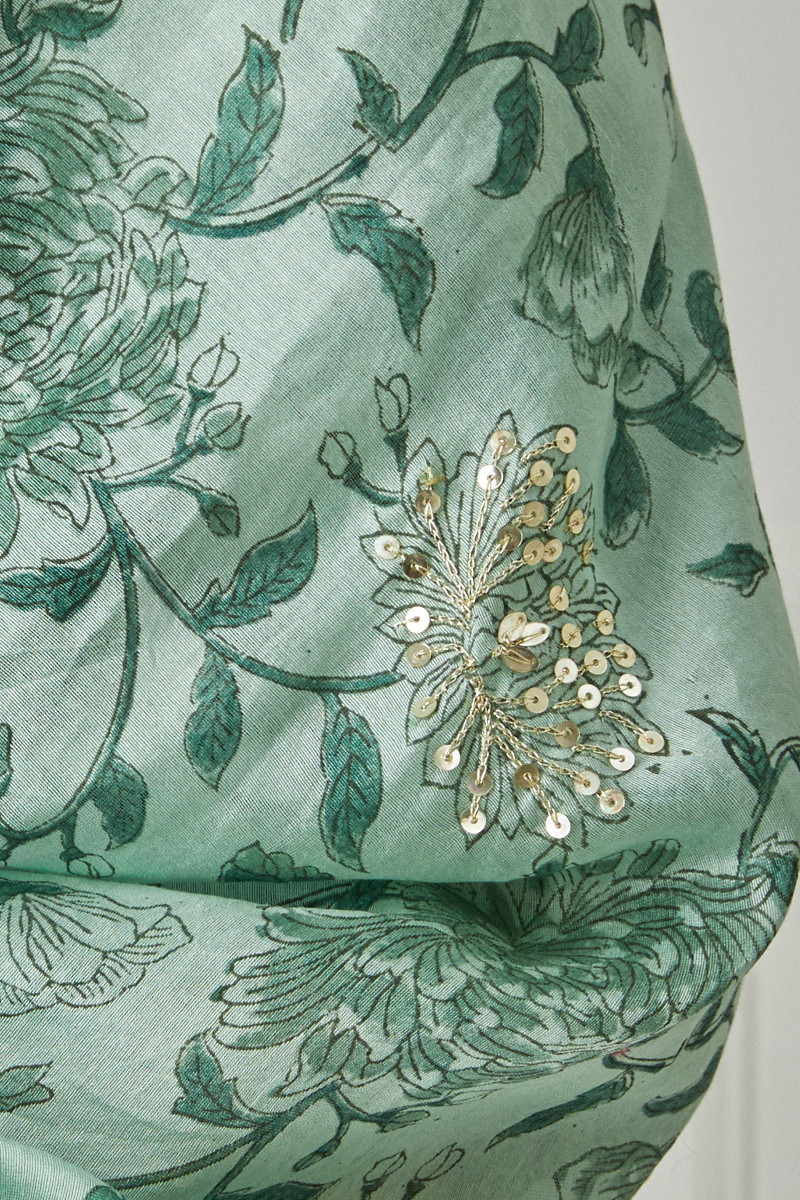 Green Block Printed Chanderi Dupatta