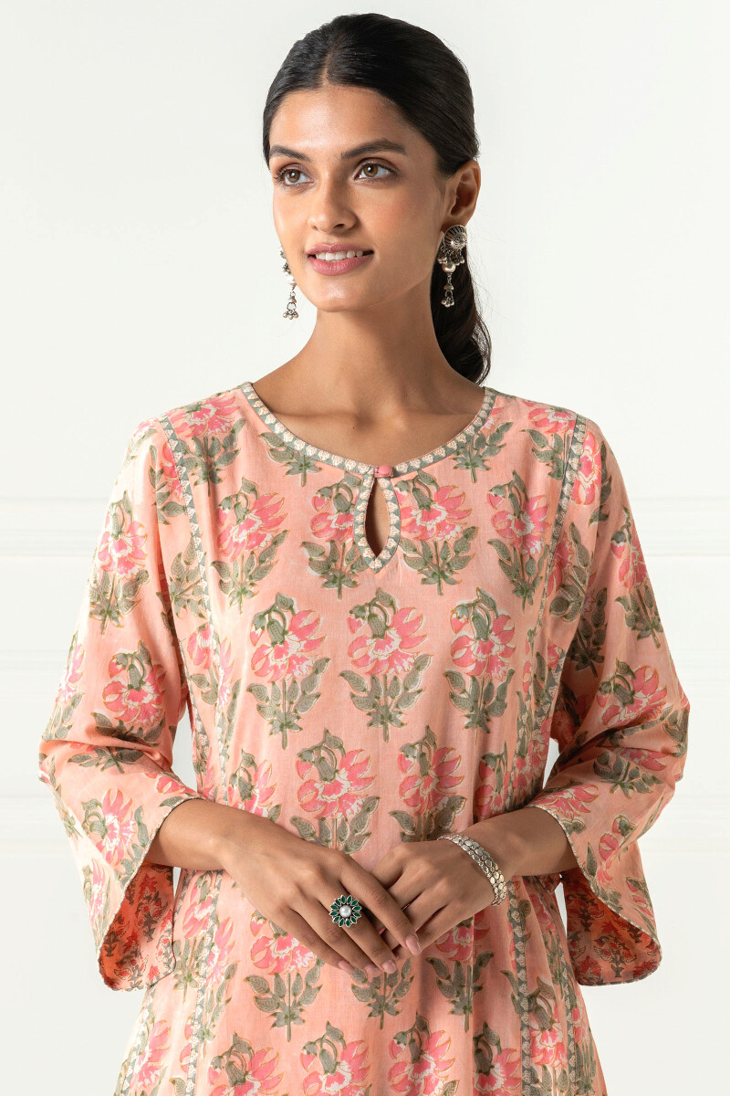 Peach Block Printed A-Line Cotton Kurta