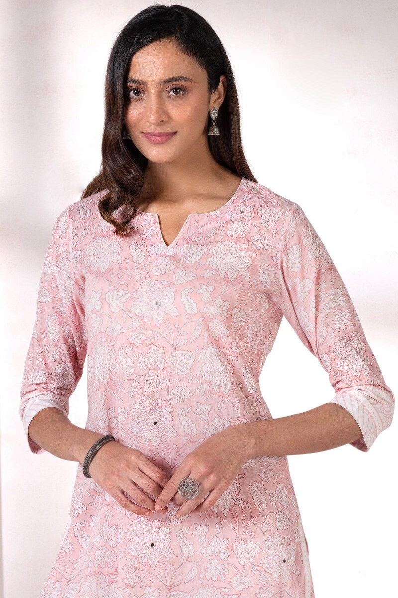Peach Block Printed Straight Cotton Kurta