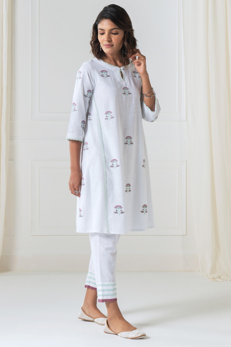 White Handcrafted A-Line Cotton Kurta