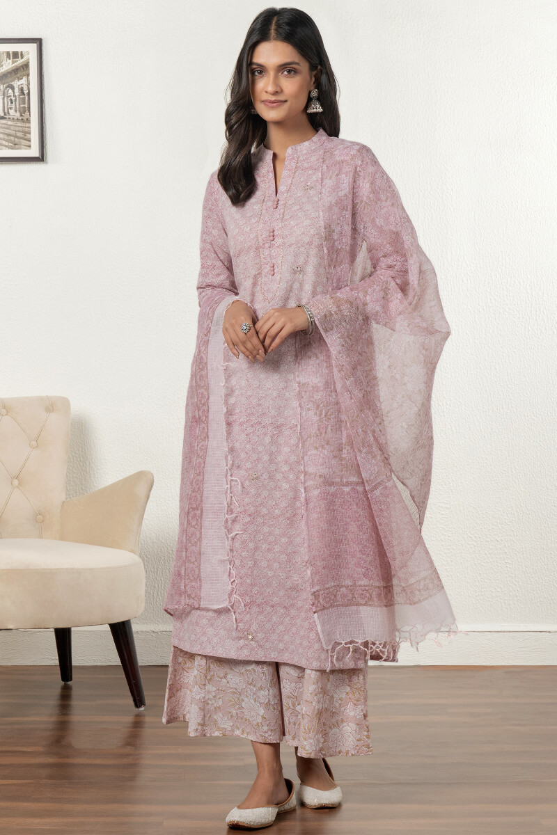 Pink Block Printed Straight Cotton Kurta