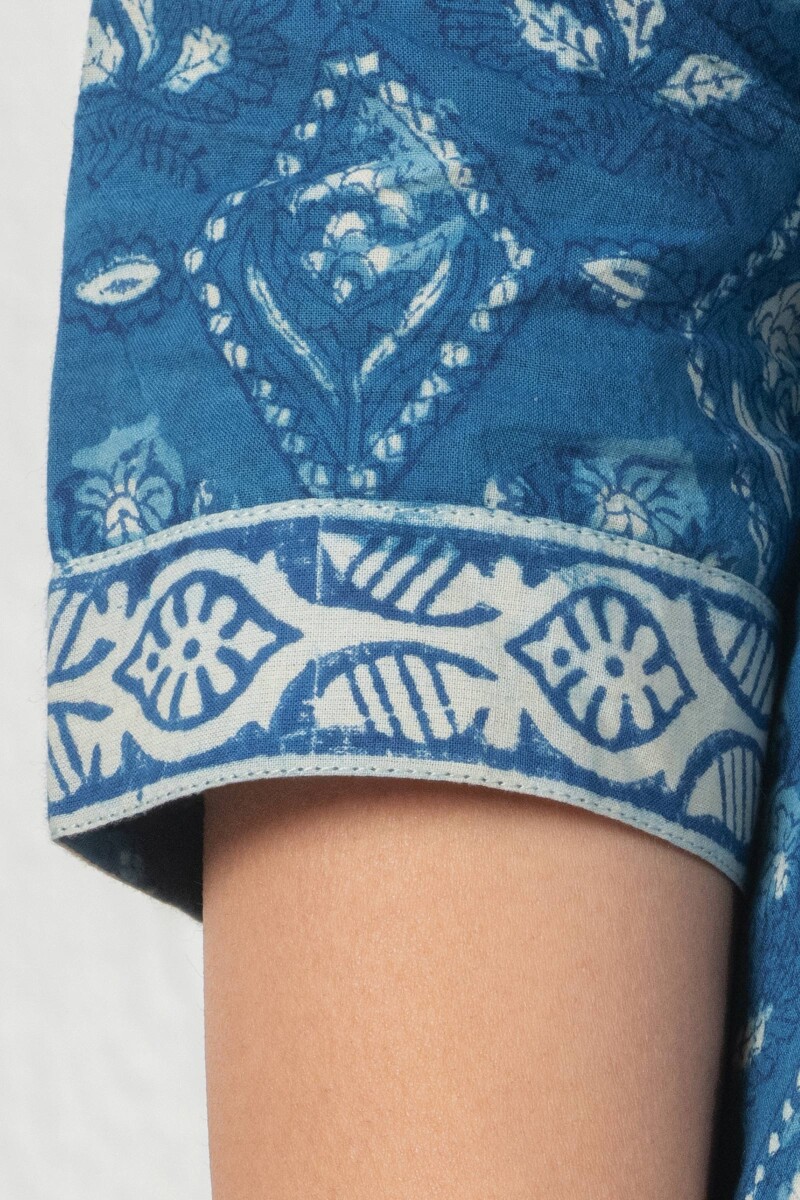 Indigo Block Printed Straight Cotton Kurta