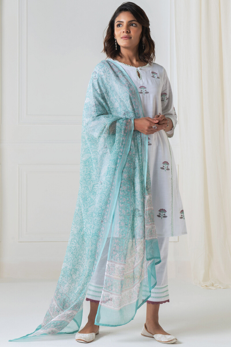 Turquoise Block Printed Kota Dupatta