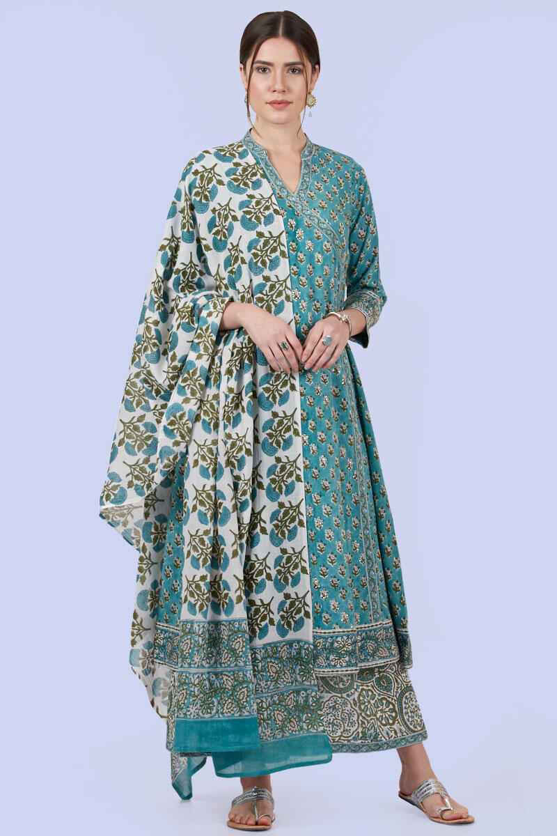 Blue Block Printed Angrakha Cotton Kurta