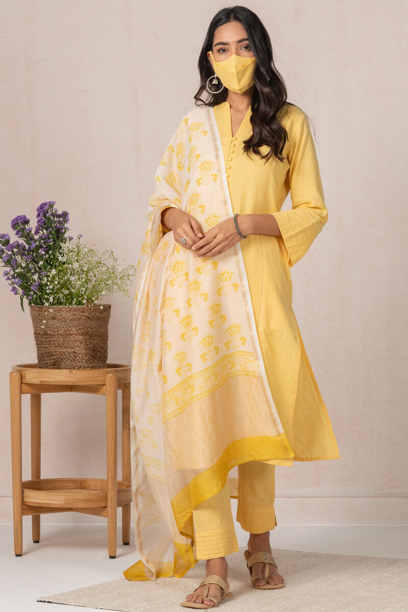 Yellow Handcrafted Straight Cotton Kurta