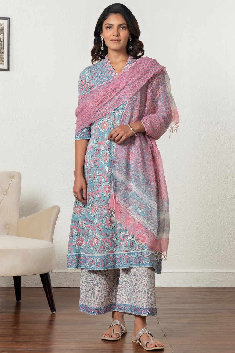 Blue Block Printed A-Line Cotton Kurta