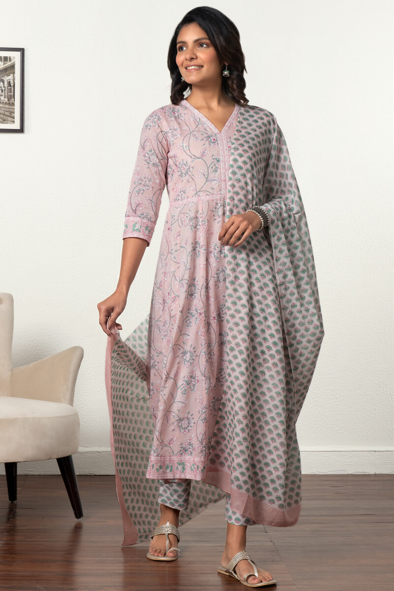 Pink Block Printed Anarkali Cotton Kurta