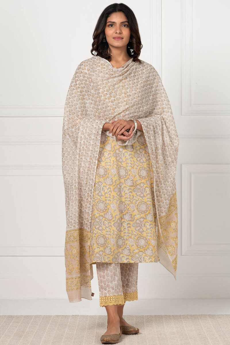 Yellow Block Printed Straight Cotton Kurta