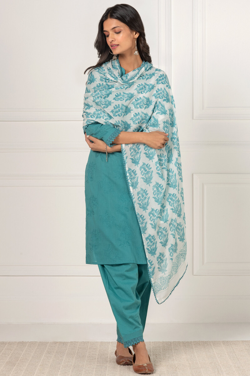 Turquoise Handcrafted Straight Cotton Kurta