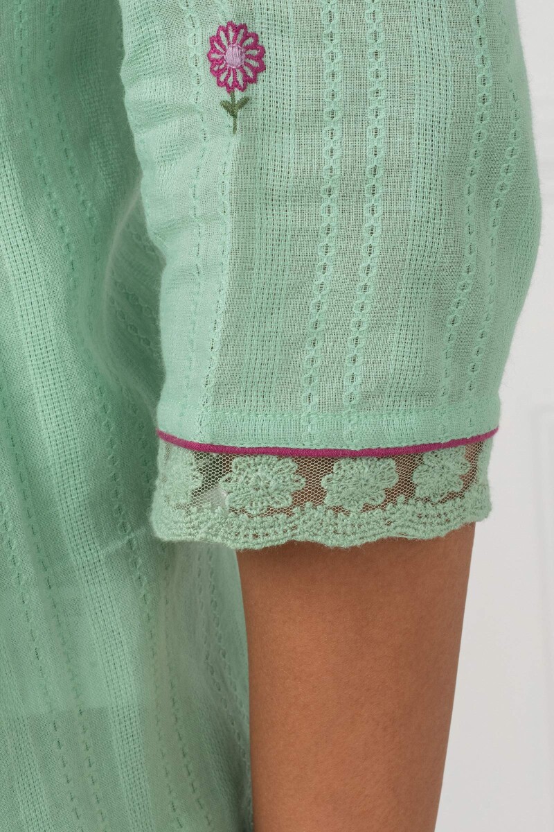 Green Handcrafted Straight Cotton Dobby Kurta