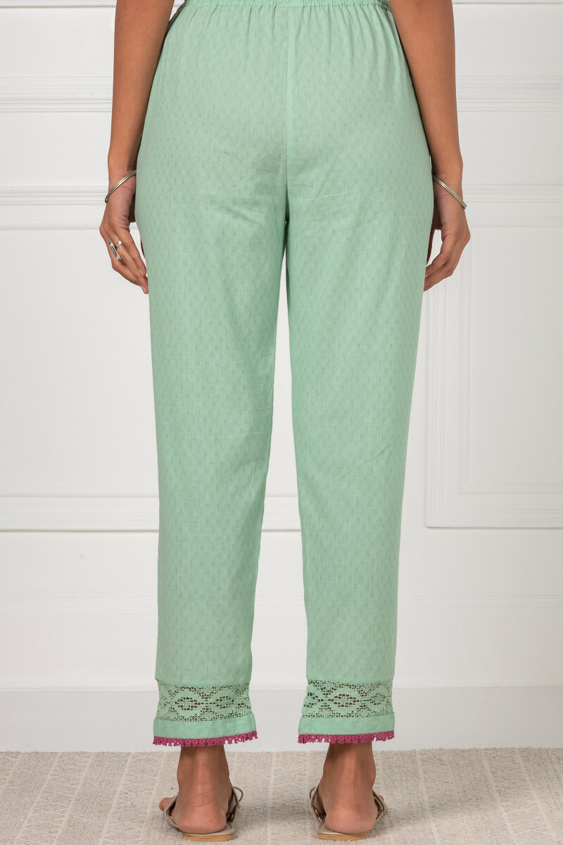 Green Handcrafted Cotton Dobby Narrow Pants