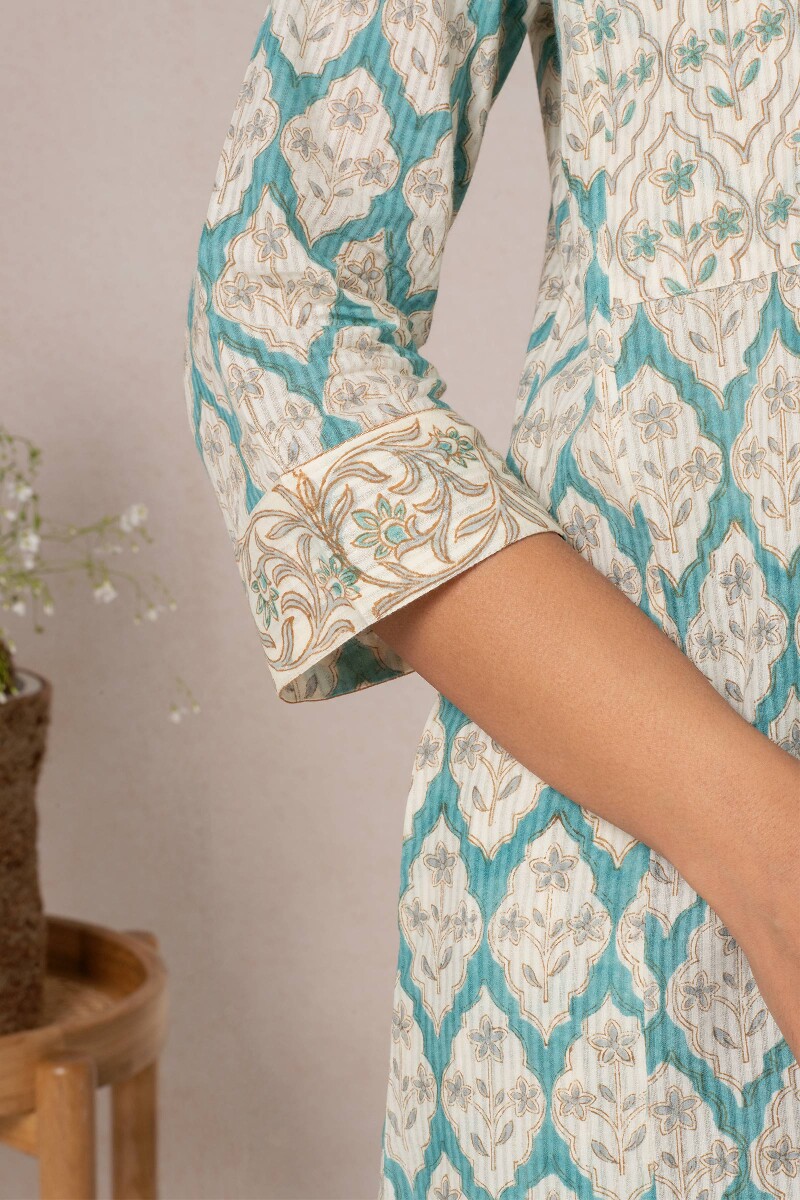 Blue Block Printed Cotton Kaftan