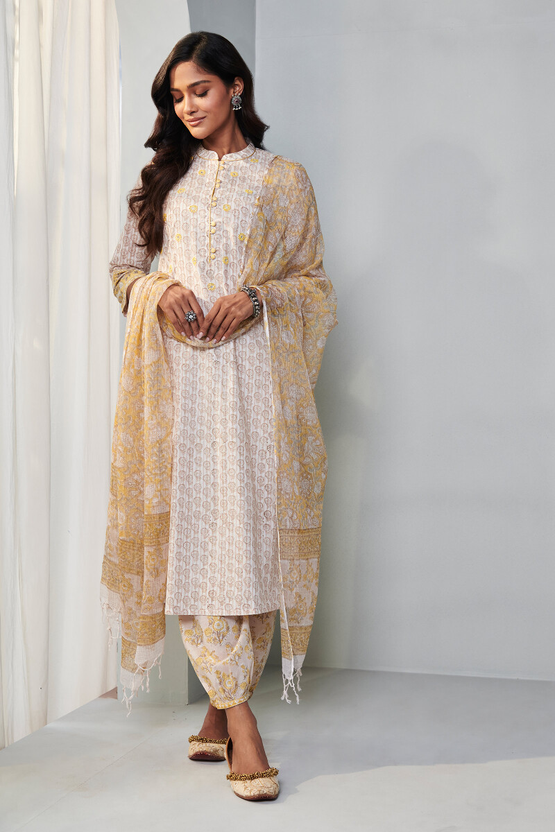 Off-White Block Printed Straight Cotton Kurta