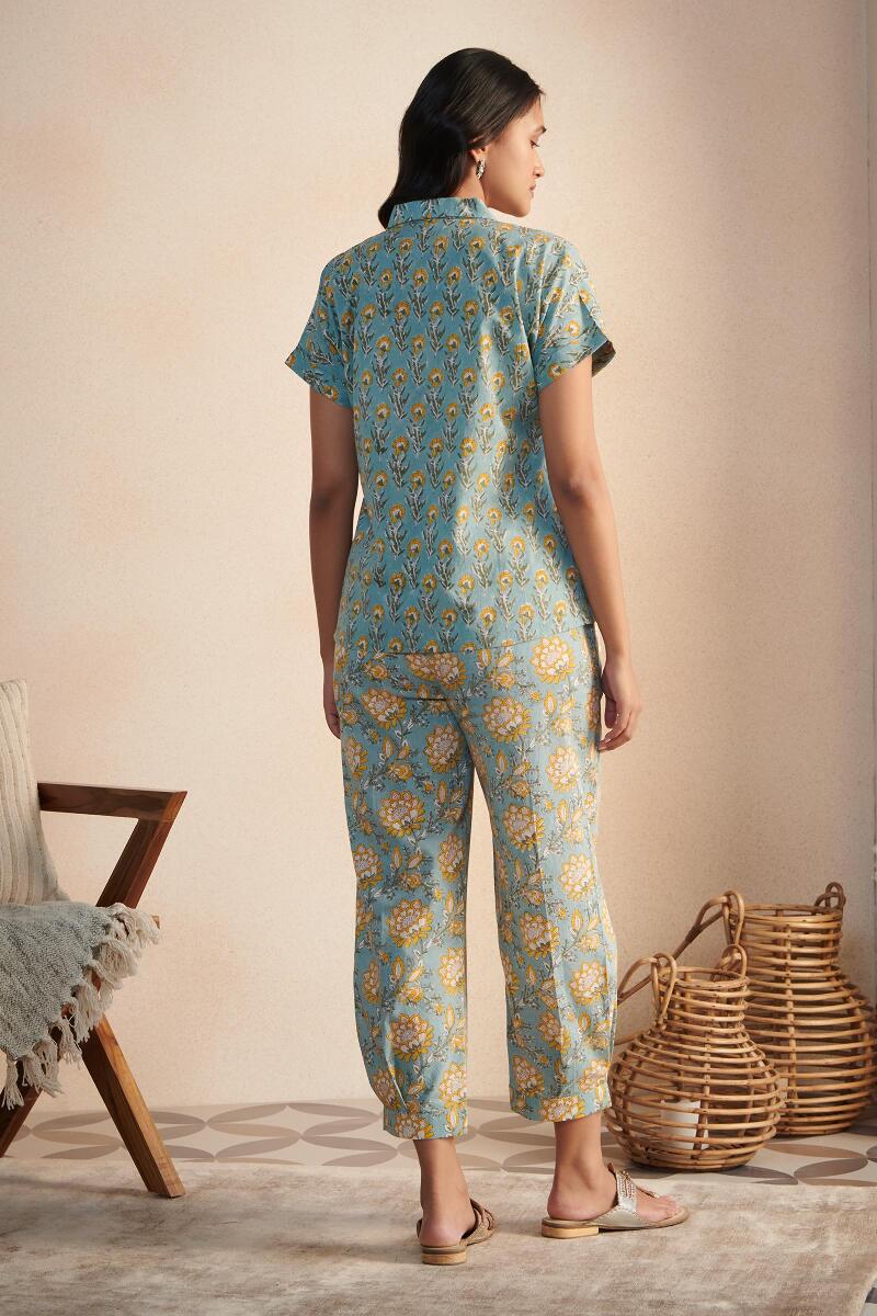 Blue Block Printed Cotton Pyjama Set