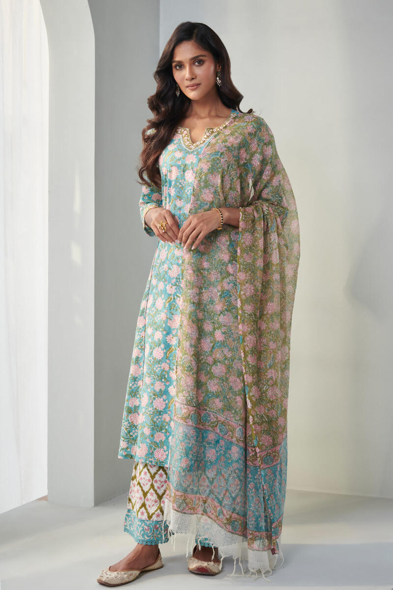 Blue Block Printed Straight Cotton Kurta