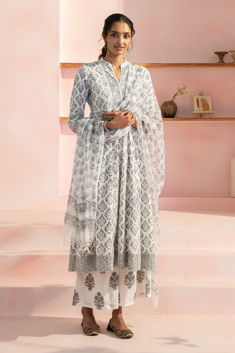White Block Printed A-Line Cotton Kurta