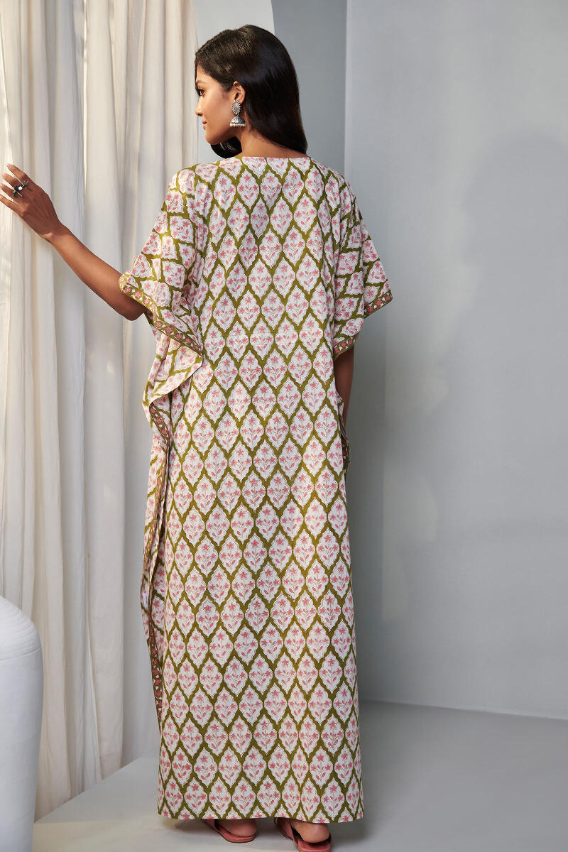 Green Block Printed Cotton Kaftan