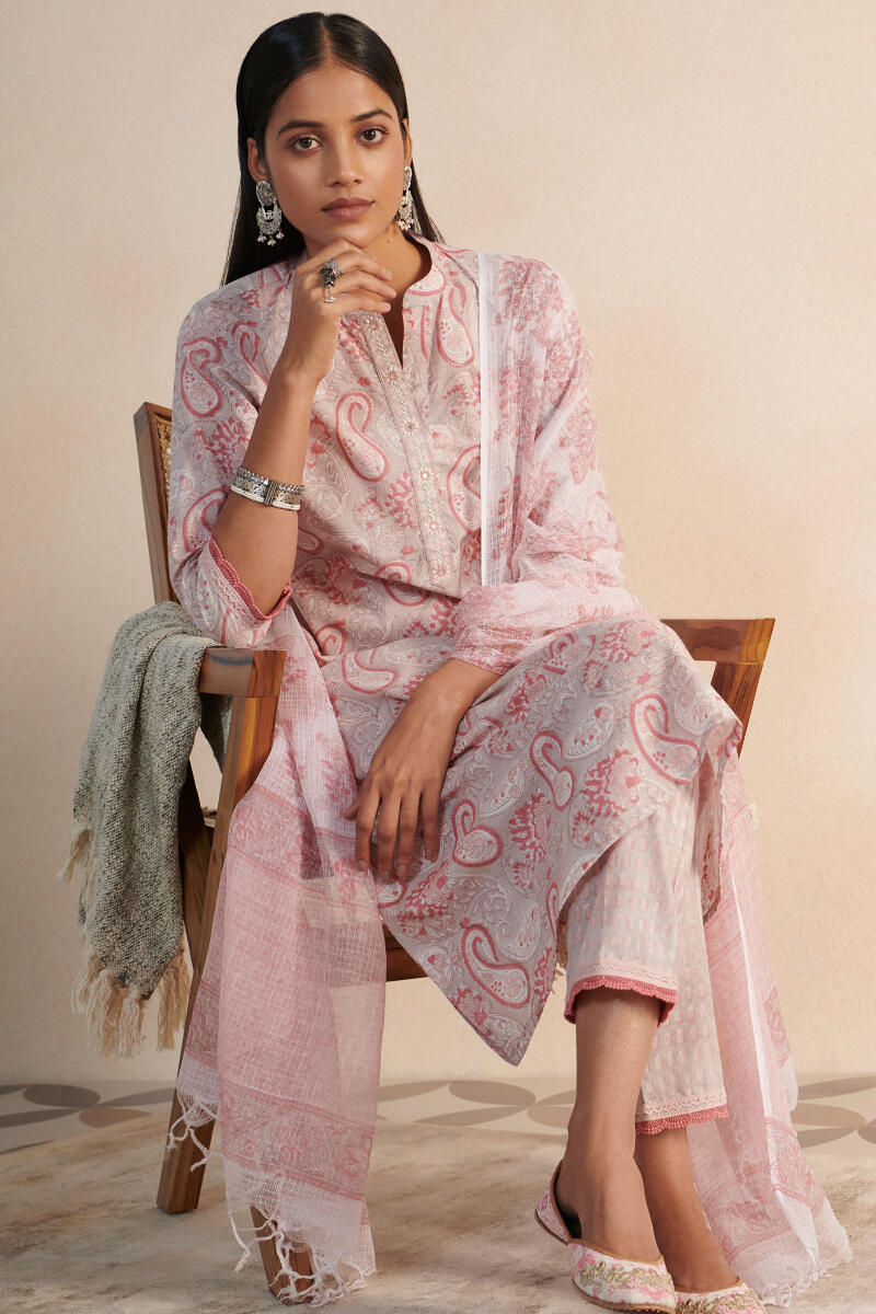 White Block Printed Kota Dupatta