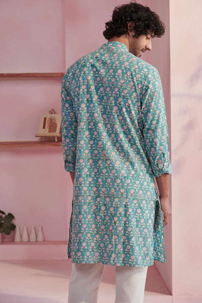 Blue Block Printed Cotton Kurta