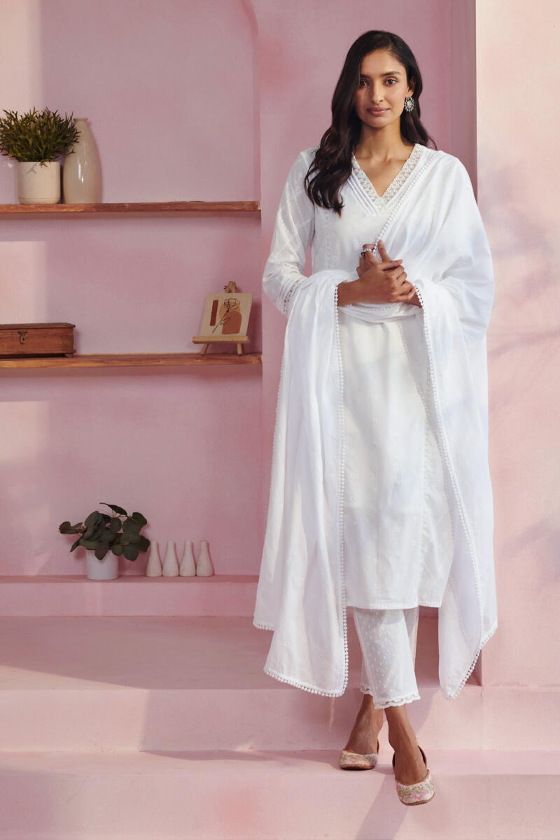 White Handcrafted Straight Cotton Kurta