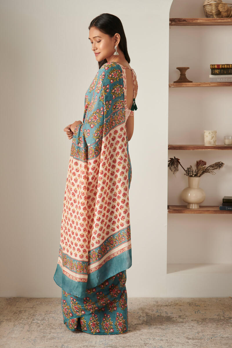 Blue Block Printed Modal Saree