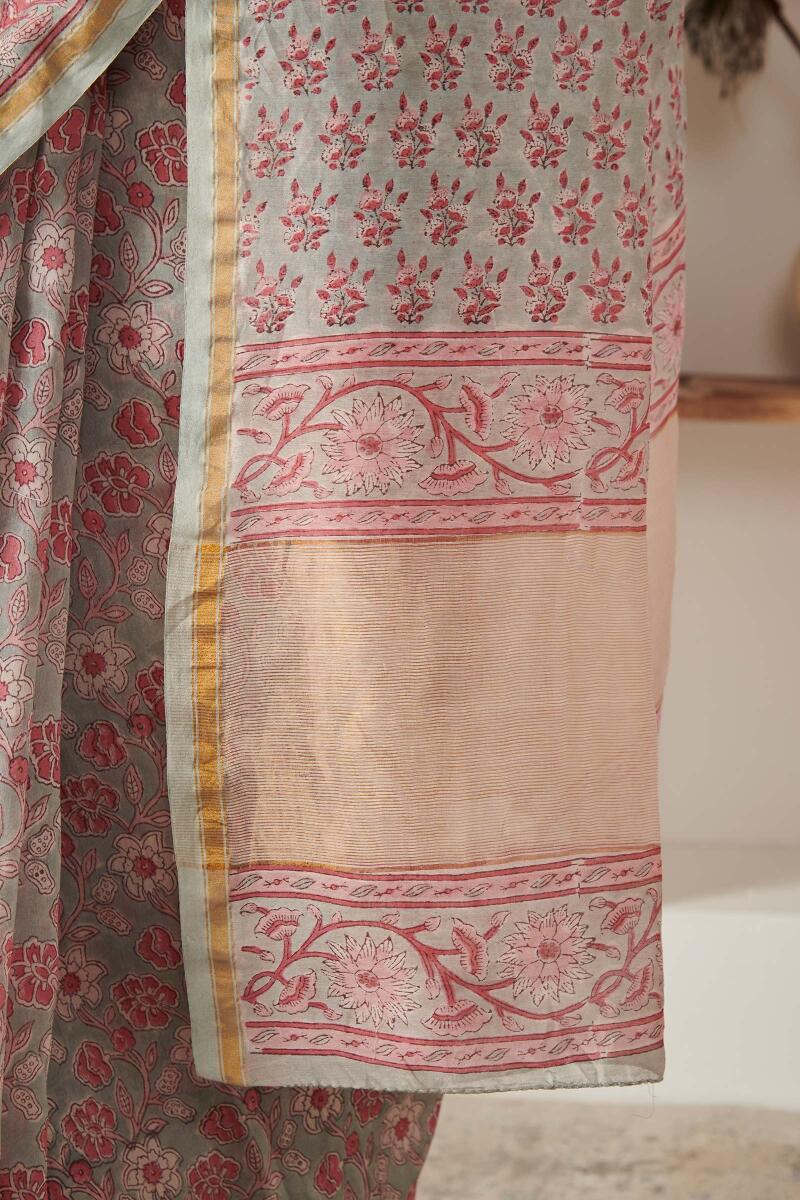 Green Block Printed Chanderi Silk Saree