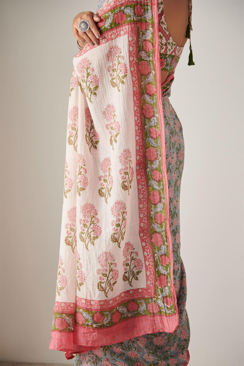 Pink Block Printed Cotton Silk Saree
