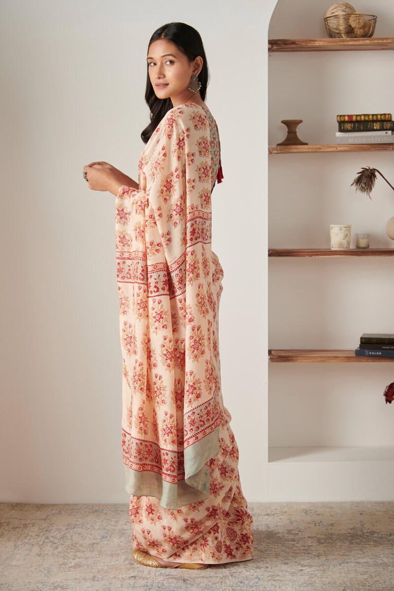 Beige Block Printed Modal Saree