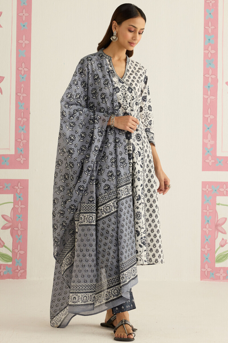 White Hand Printed Angrakha Cotton Dobby Kurta