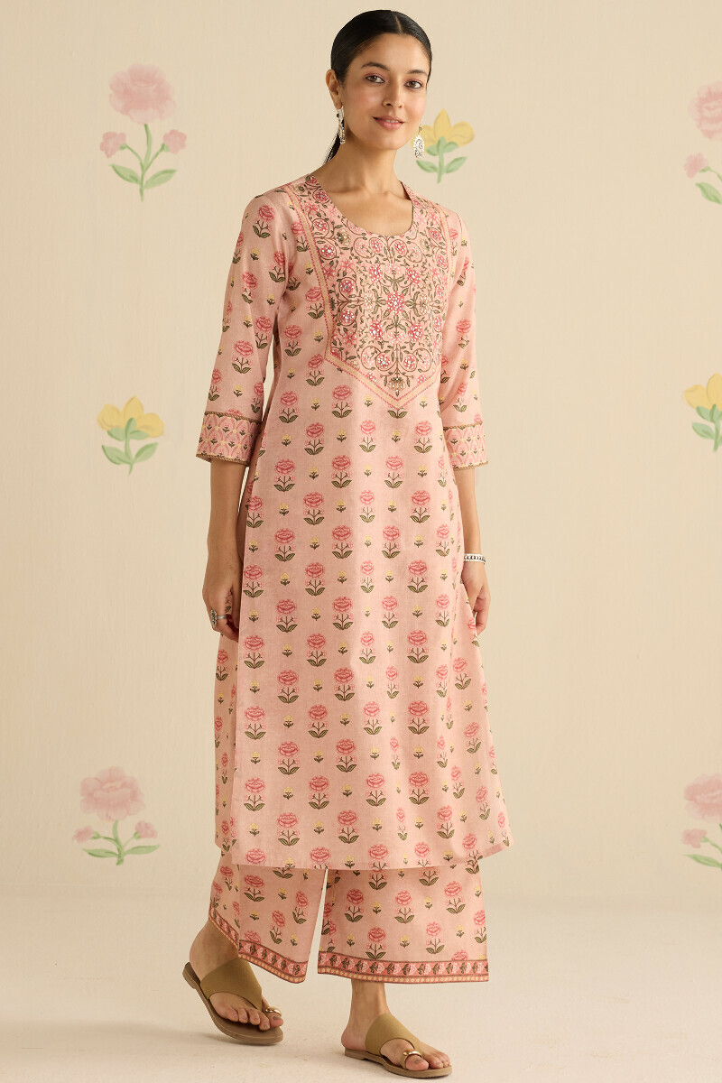 Peach Printed Straight Cotton Kurta