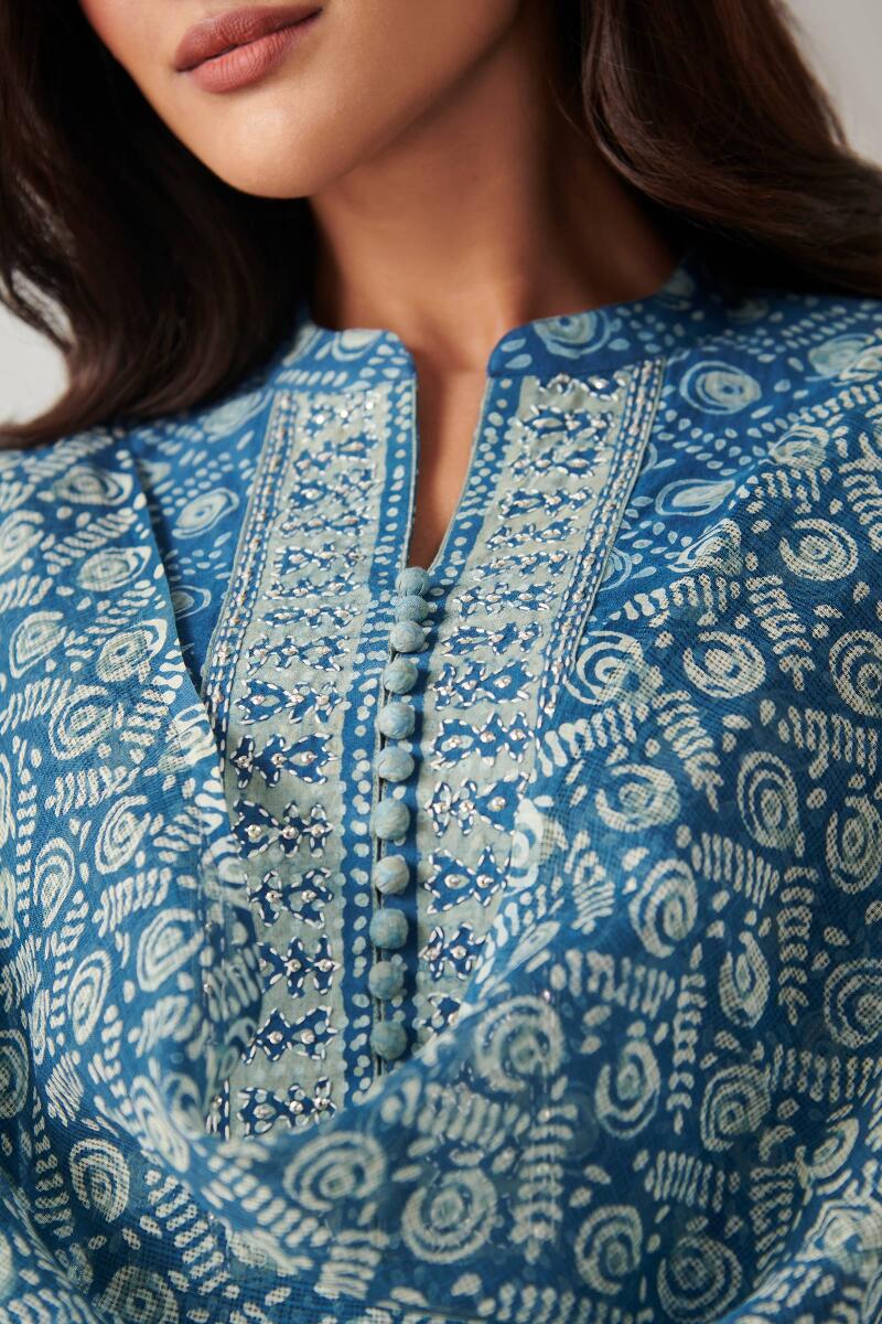 Indigo Block Printed Straight Cotton Kurta