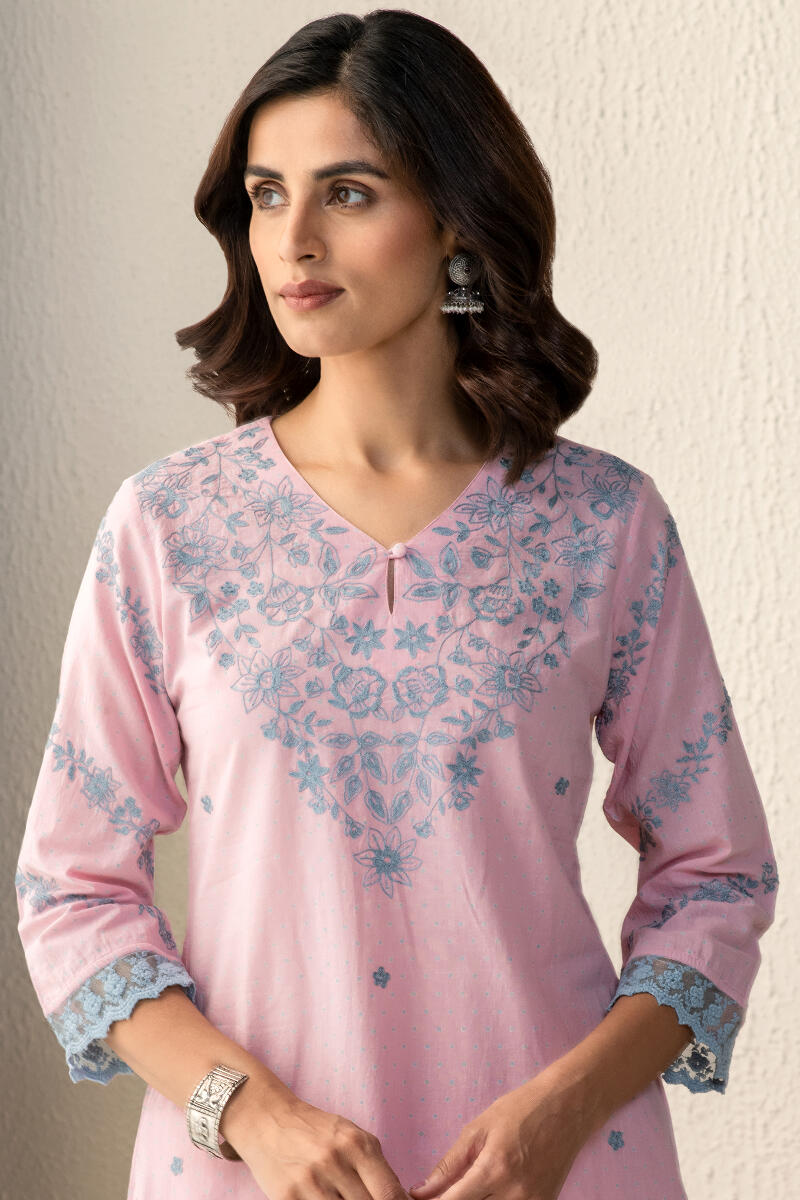 Pink Block Printed Straight Cotton Kurta