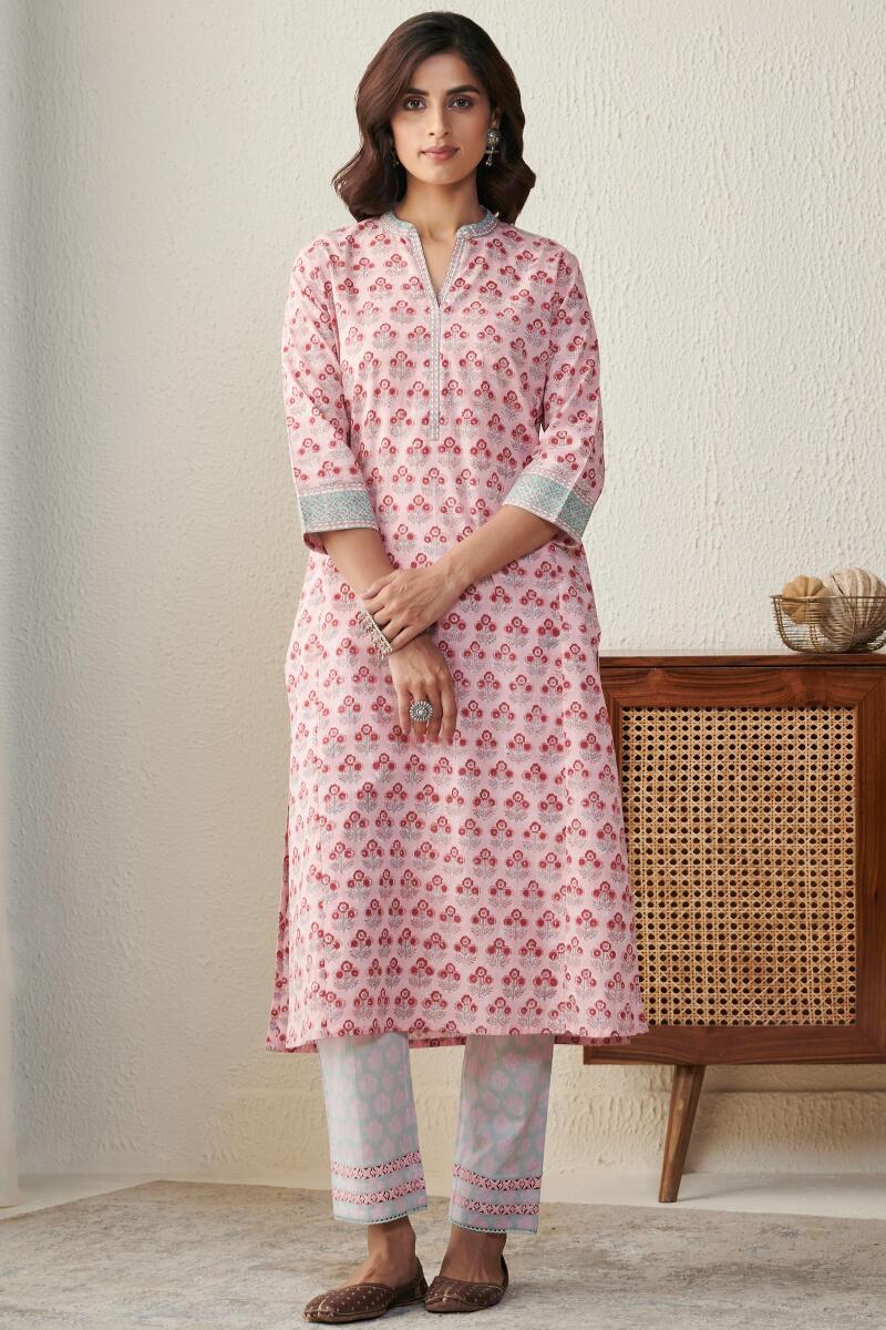 Pink Block Printed Straight Cotton Kurta